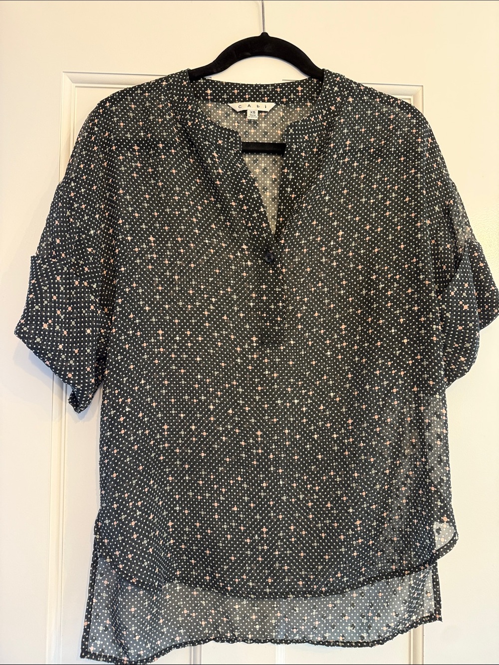 CAbi Black Blouse with Pink Dot Print